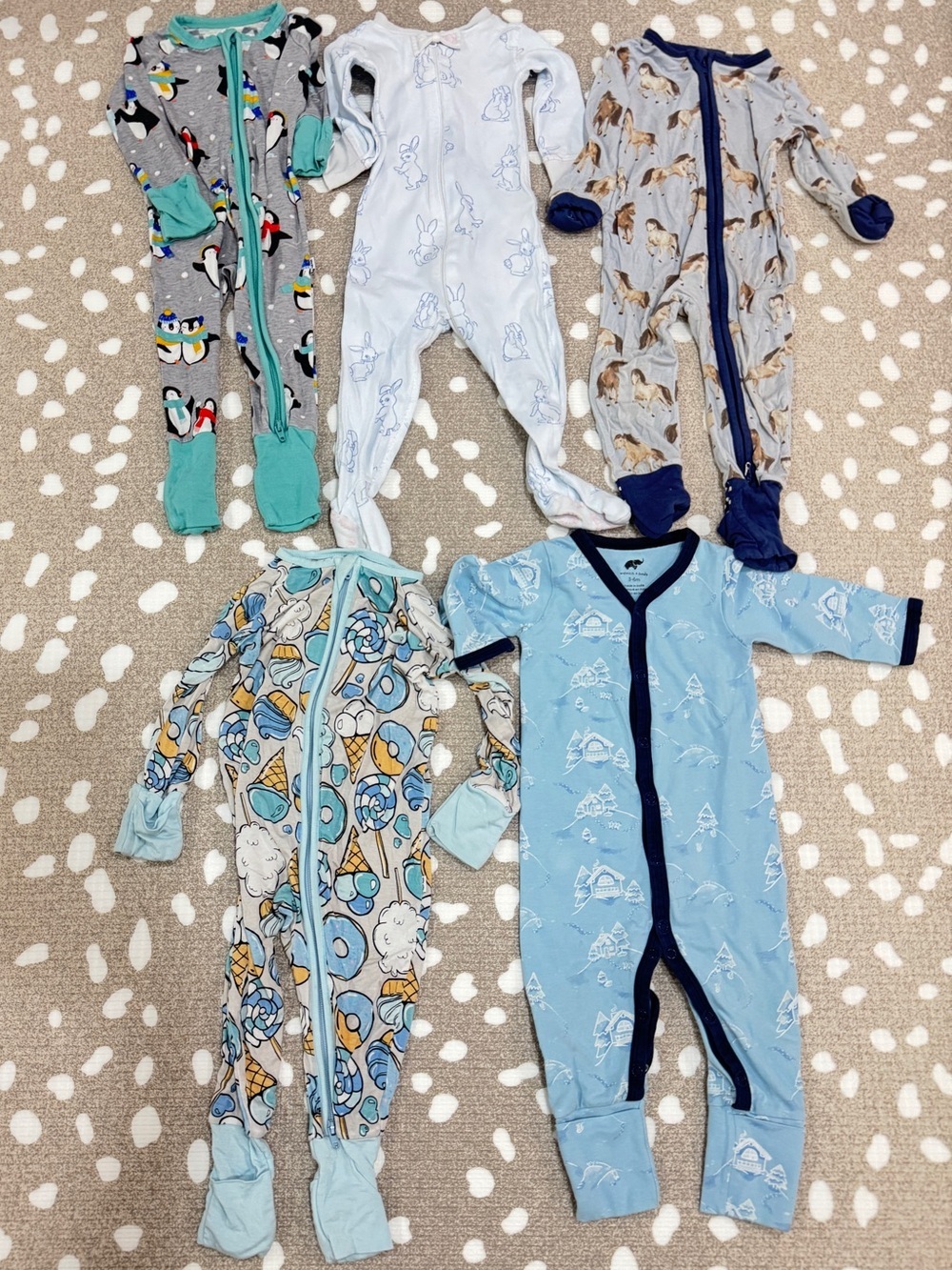 Lot of 5 bamboo footies baby zippy TBBC boy girl unisex bunny horse angel dear